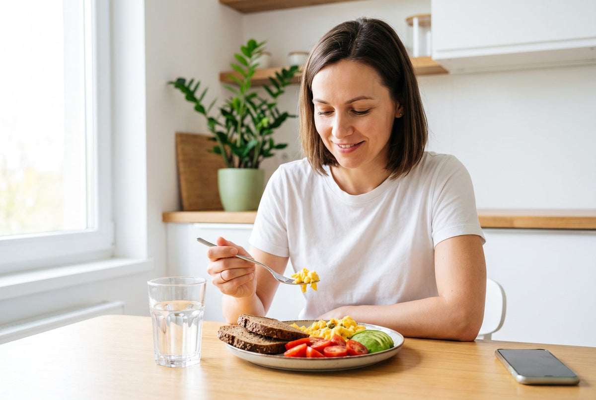 Erste Mahlzeit gegen Mittag: Rührei, Vollkornbrot und Gemüse nach der Fastenphase
