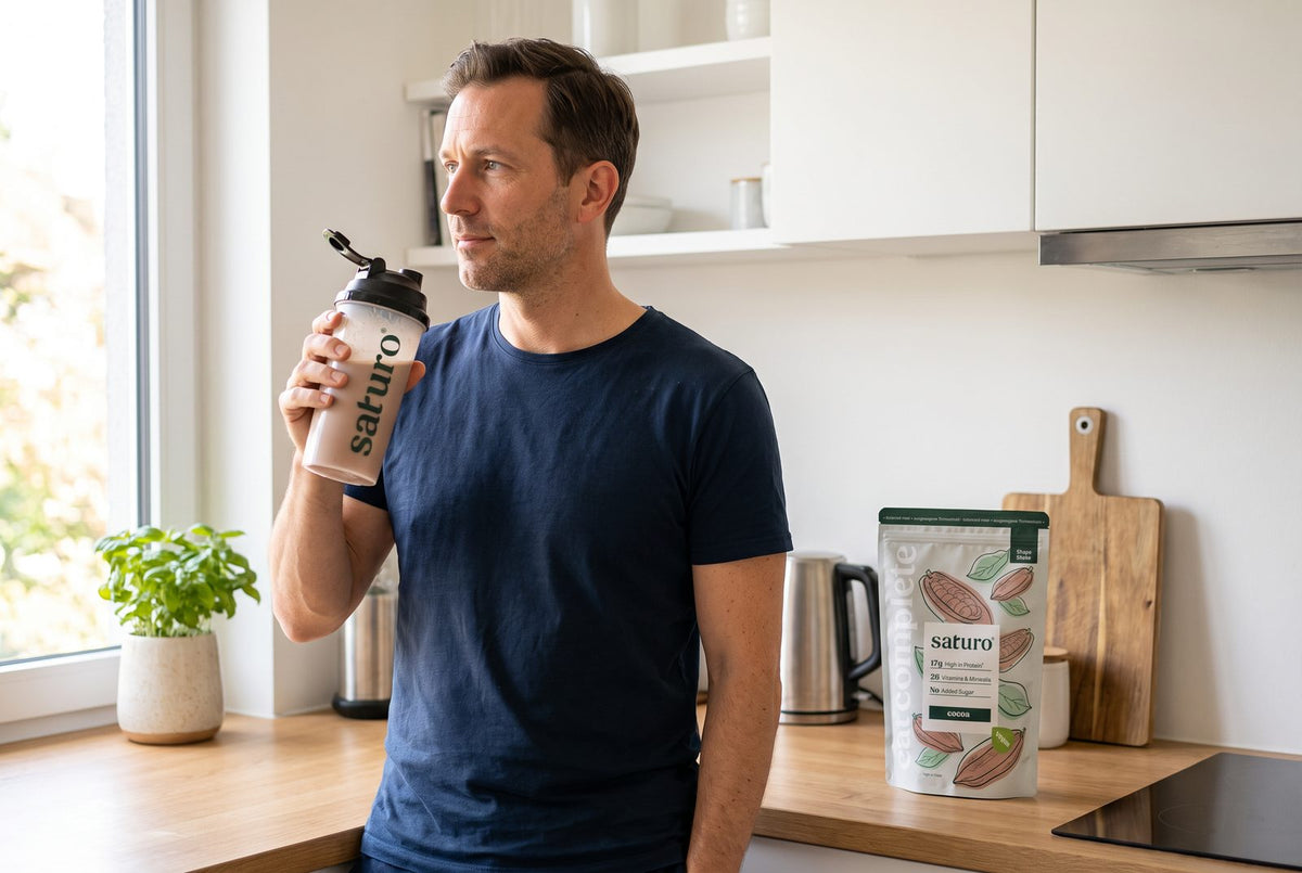 Mann in moderner Küche mit Saturo Shaker, daneben die Shape Shake Packung
