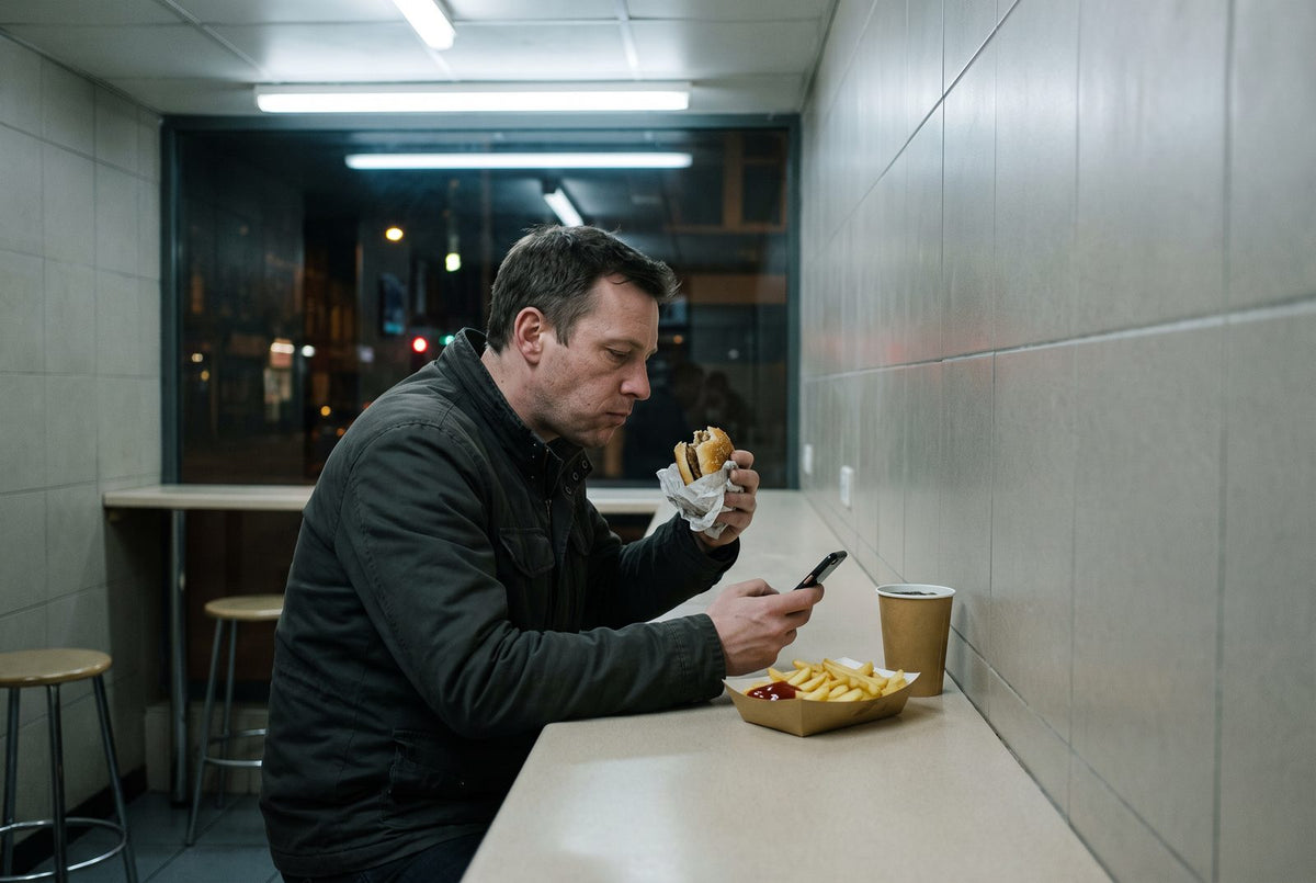 Man eats a burger and chips alone at a snack bar counter late in the evening, looking at his phone