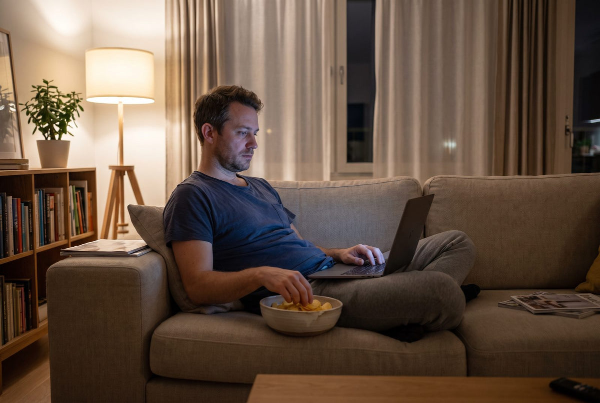 Man sitting on the sofa in the evening with a laptop, reaching into a bowl of crisps