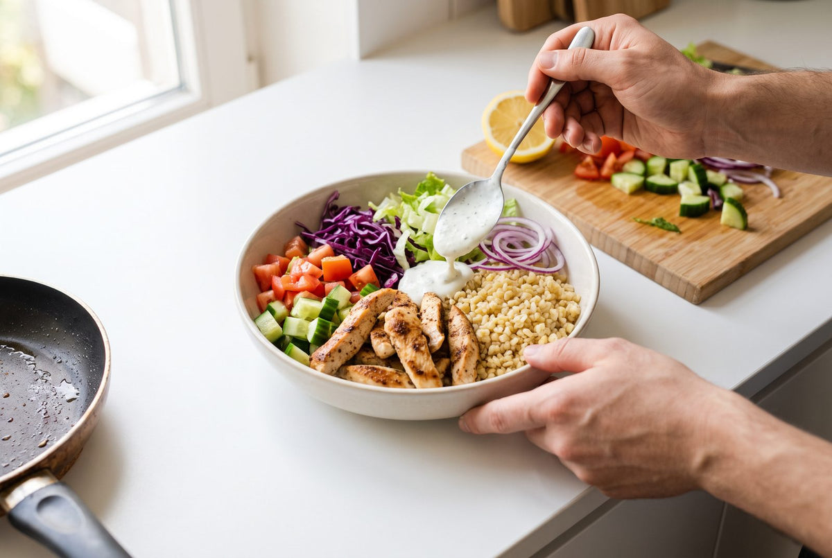 A döner bowl with chicken, bulgur and vegetables being put together in a bright kitchen