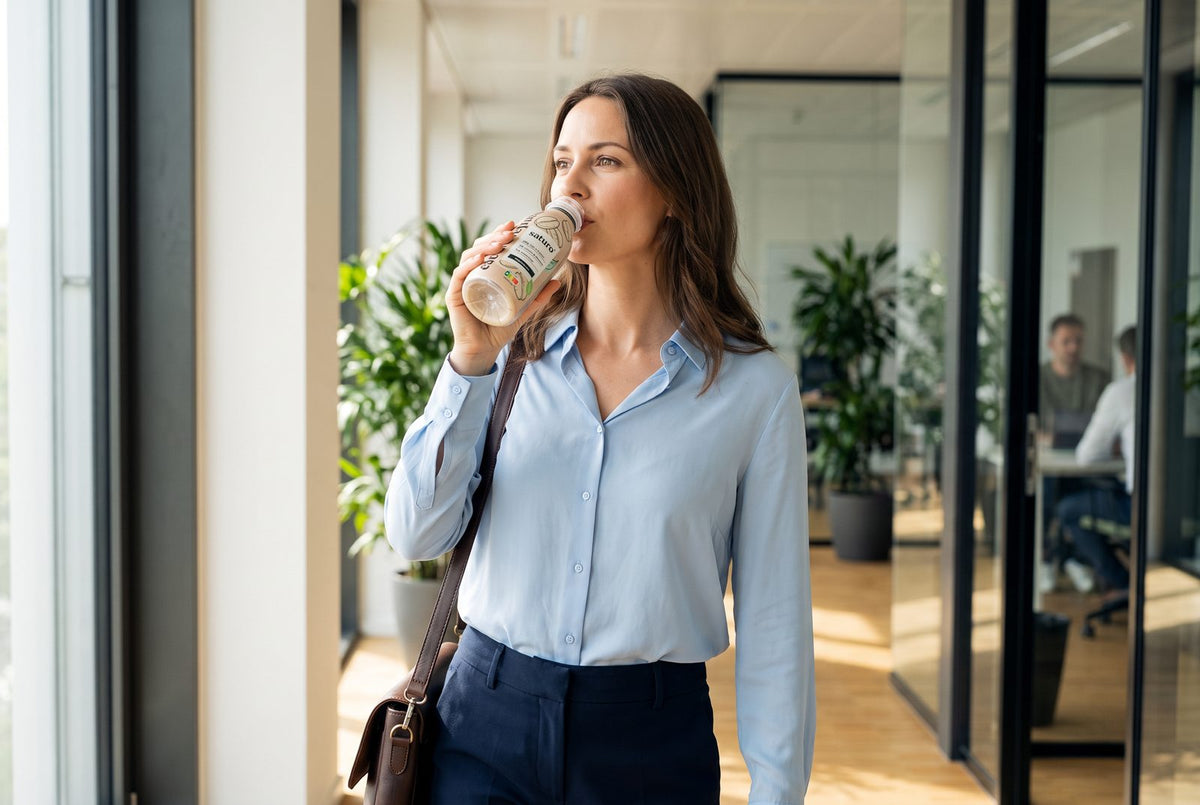 Woman drinking a Saturo drinkable meal from the bottle in the office