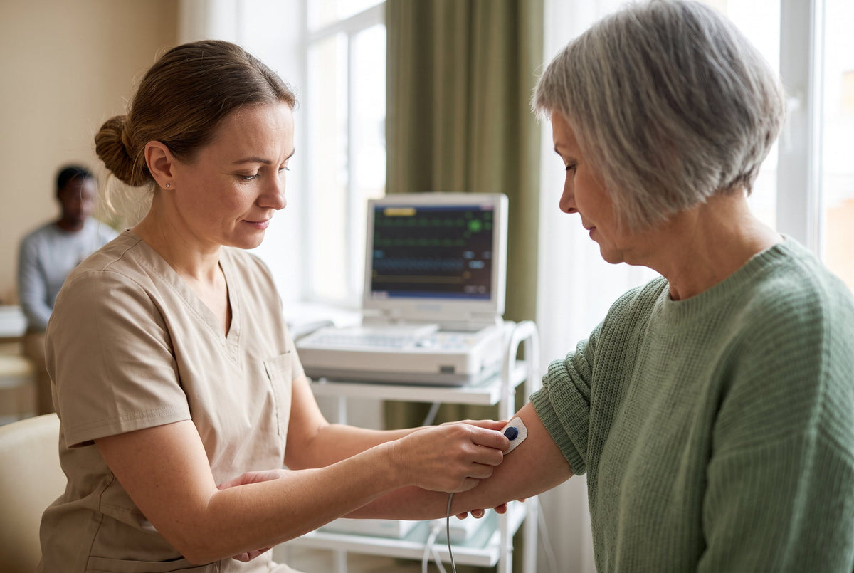 Hausärztin legt einer Patientin EKG-Elektroden an: Bei Kaliummangel zeigt das EKG, ob das Herz den niedrigen Wert schon spürt