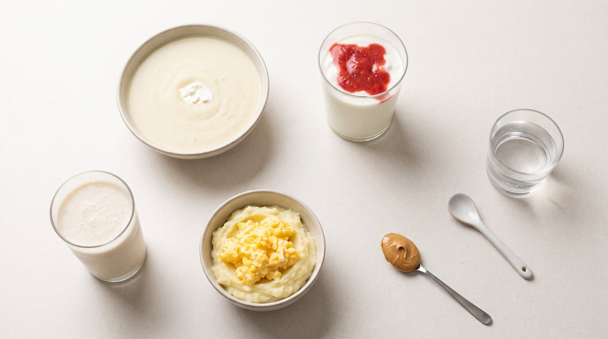 Weiche Löffelkost bei Kieferklemme: Cremesuppe, Skyr mit Fruchtpüree, Kartoffelpüree mit Rührei und ein Shake