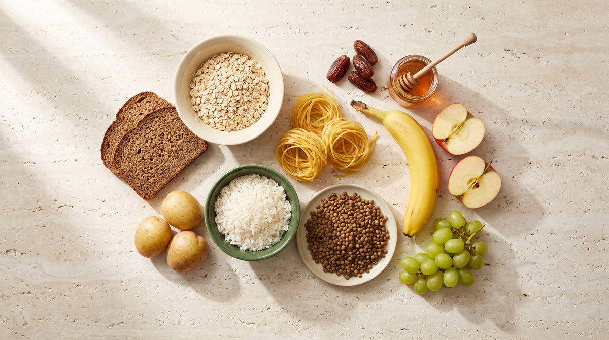 Kohlenhydrate im Überblick: Vollkornbrot, Haferflocken, Kartoffeln, Reis, Nudeln, Linsen, Banane, Apfel und Trauben auf hellem Stein