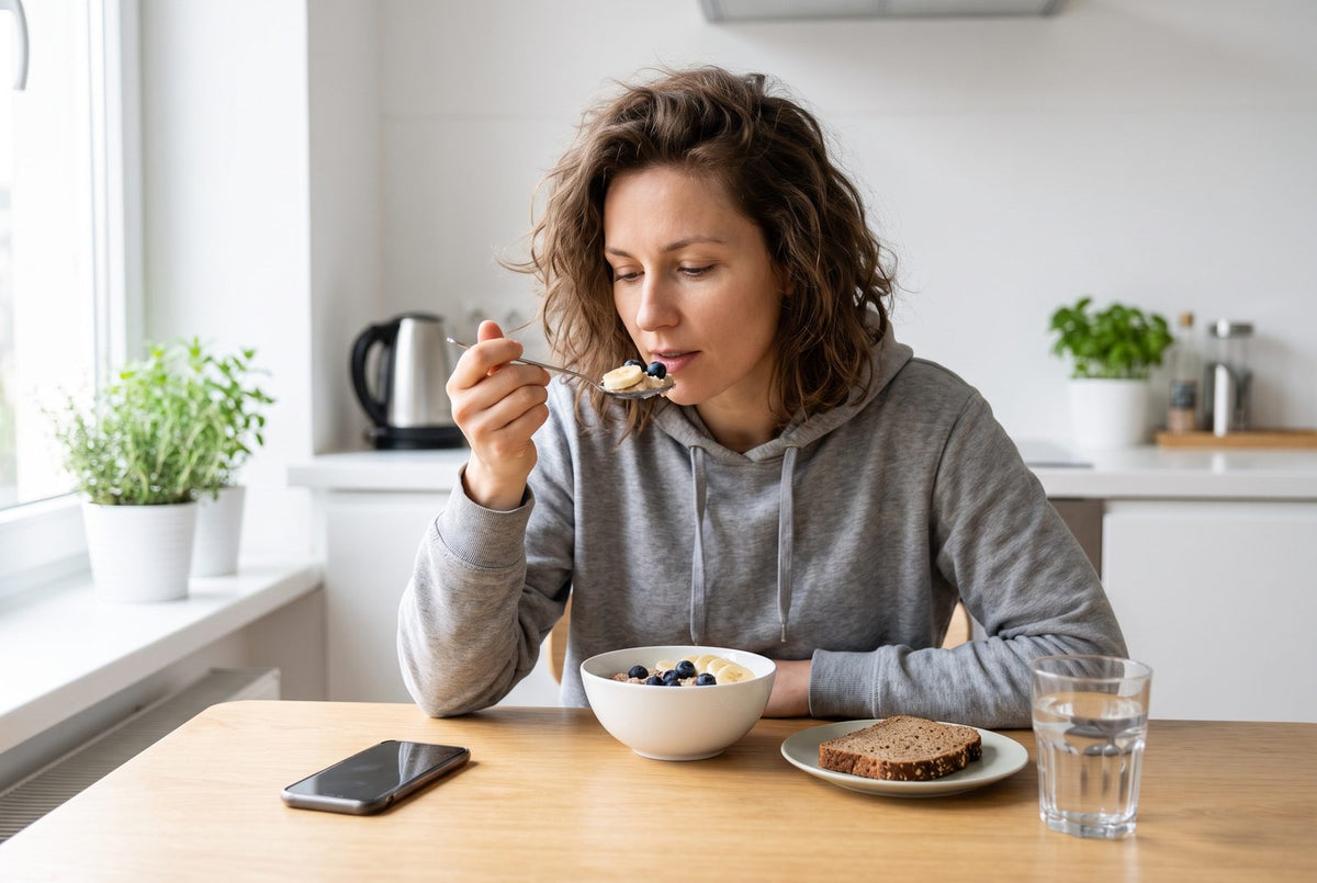 Woman having porridge with berries and wholegrain bread for breakfast: typical sources of carbohydrates in the morning