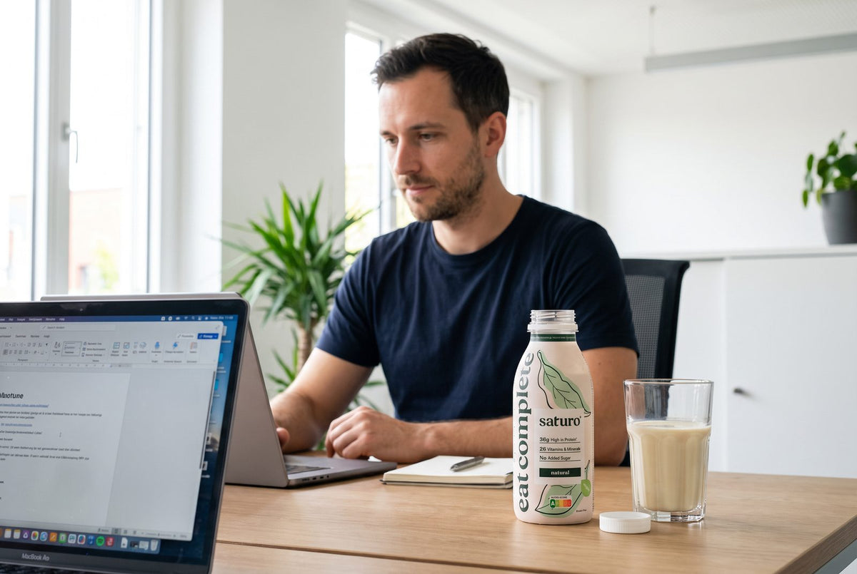 Man at a desk with a drinkable meal and a glass: lunch with 18 g of carbohydrates