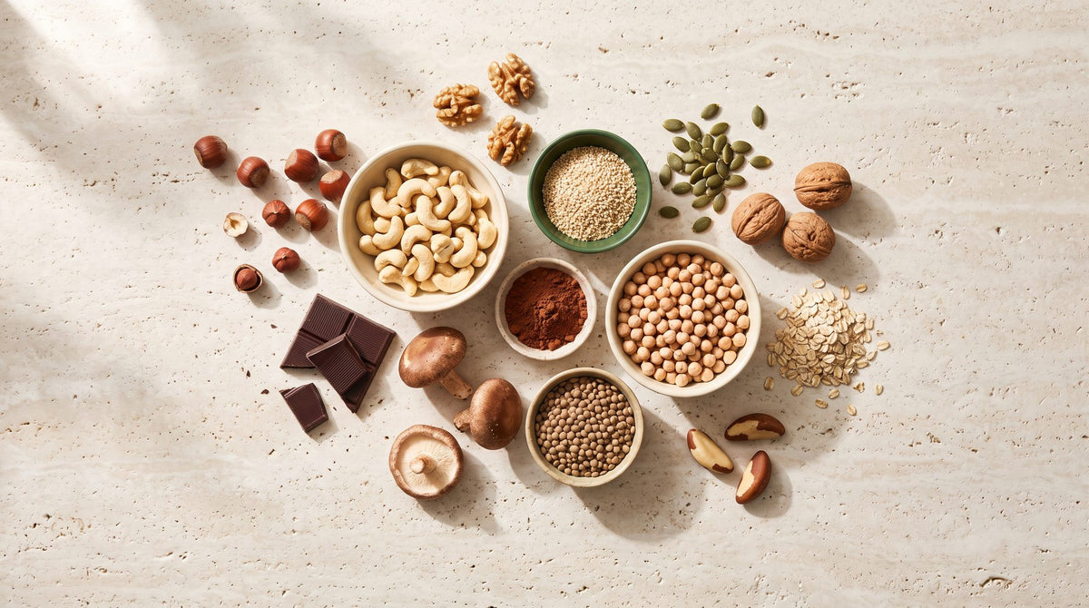 Kupferreiche Lebensmittel auf hellem Travertin: Cashews, Haselnüsse, Walnüsse, Sesam, Kürbiskerne, Kakaopulver, Zartbitterschokolade, Kichererbsen, Linsen, Haferflocken und Shiitake