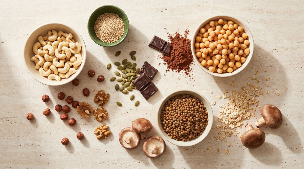 Kupferreiche Lebensmittel auf hellem Stein: Cashews, Sesam, Haselnüsse, Walnüsse, Kürbiskerne, Zartbitterschokolade, Kakaopulver, Kichererbsen, Linsen, Haferflocken und Shiitake