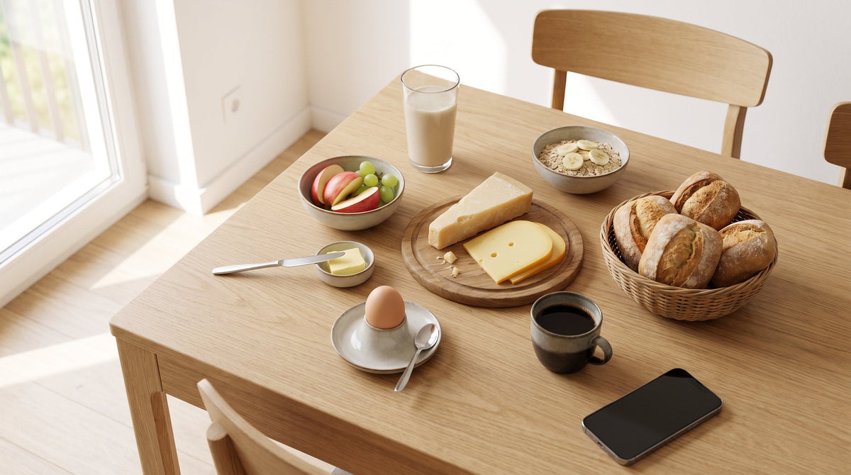 Frühstück ohne Milch: gereifter Käse, Brot, Obst und ein Glas Pflanzendrink