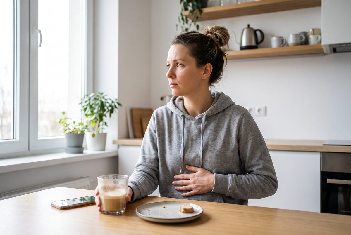 Frau mit Milchkaffee am Küchentisch, Hand auf dem Bauch: Beschwerden nach Milch sind typisch für Laktoseintoleranz