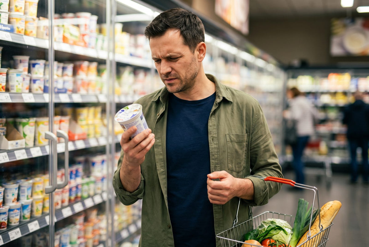 Mann liest im Kühlregal des Supermarkts die Zutatenliste eines Joghurts auf versteckte Laktose