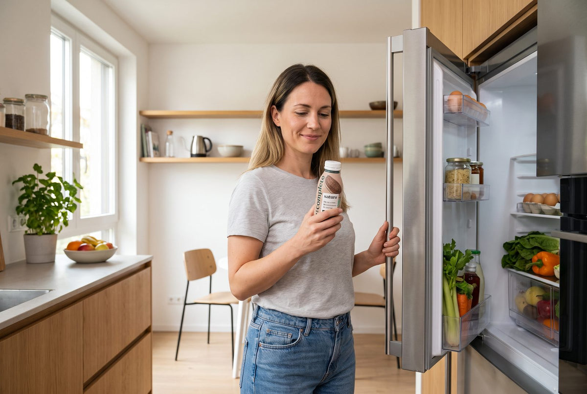 Frau nimmt eine Saturo-Trinkmahlzeit Cocoa aus dem Kühlschrank, eine Mahlzeit ohne Milchbestandteile