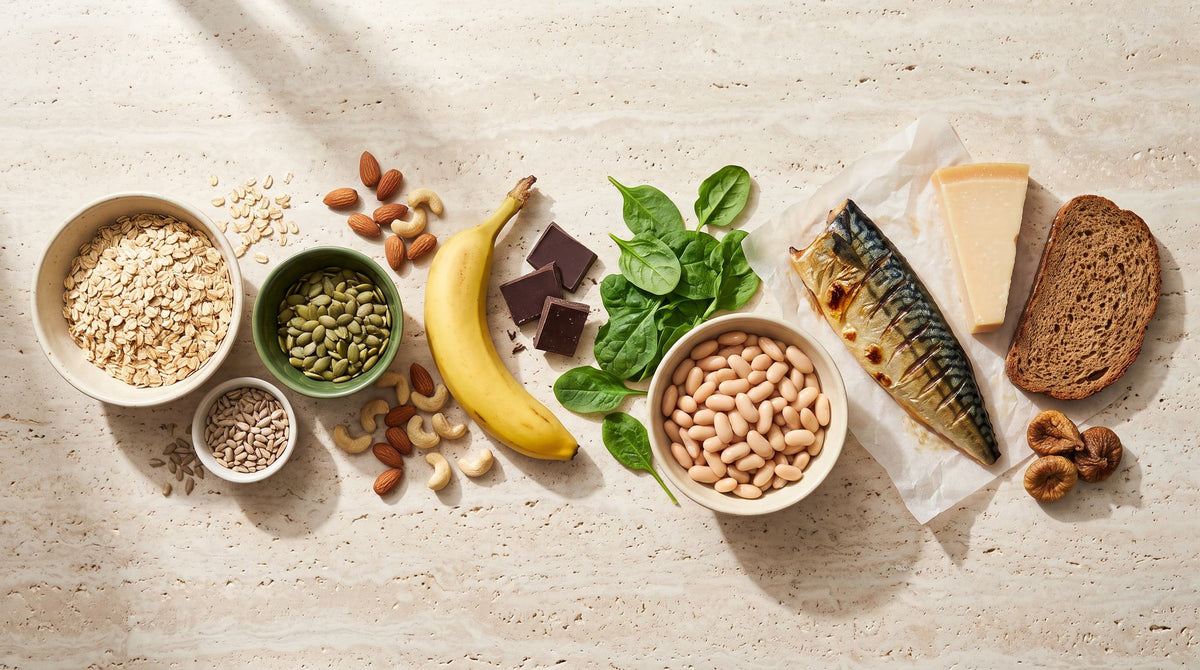 Magnesiumreiche Lebensmittel auf hellem Stein: Haferflocken, Kürbiskerne, Sonnenblumenkerne, Mandeln, Cashews, Banane, Zartbitterschokolade, Spinat, weiße Bohnen, Makrele, Parmesan, Vollkornbrot und Feigen
