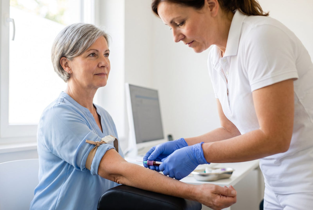 Medizinische Fachangestellte nimmt einer Patientin in der Hausarztpraxis Blut ab: Der Magnesiumwert wird im Blutserum bestimmt