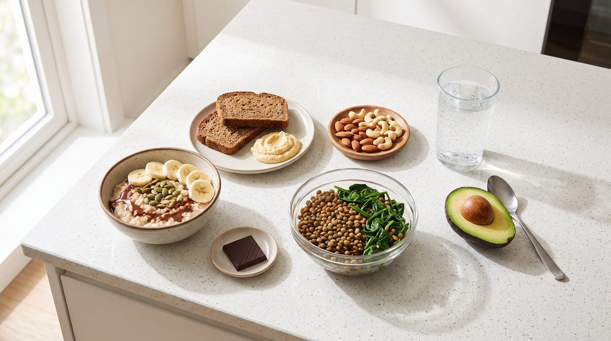Magnesiumreicher Tag auf der Küchenarbeitsplatte: Haferbrei mit Banane und Kürbiskernen, Vollkornbrot mit Hummus, Linsen mit Spinat, Mandeln und Cashews, Zartbitterschokolade, Mineralwasser und Avocado
