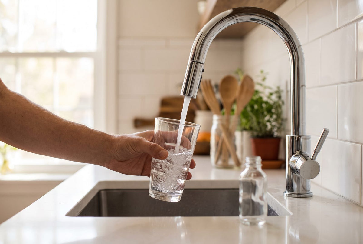 Glas wird am Wasserhahn gefüllt: Leitungswasser in Deutschland liegt beim Mangan fast immer weit unter dem Grenzwert