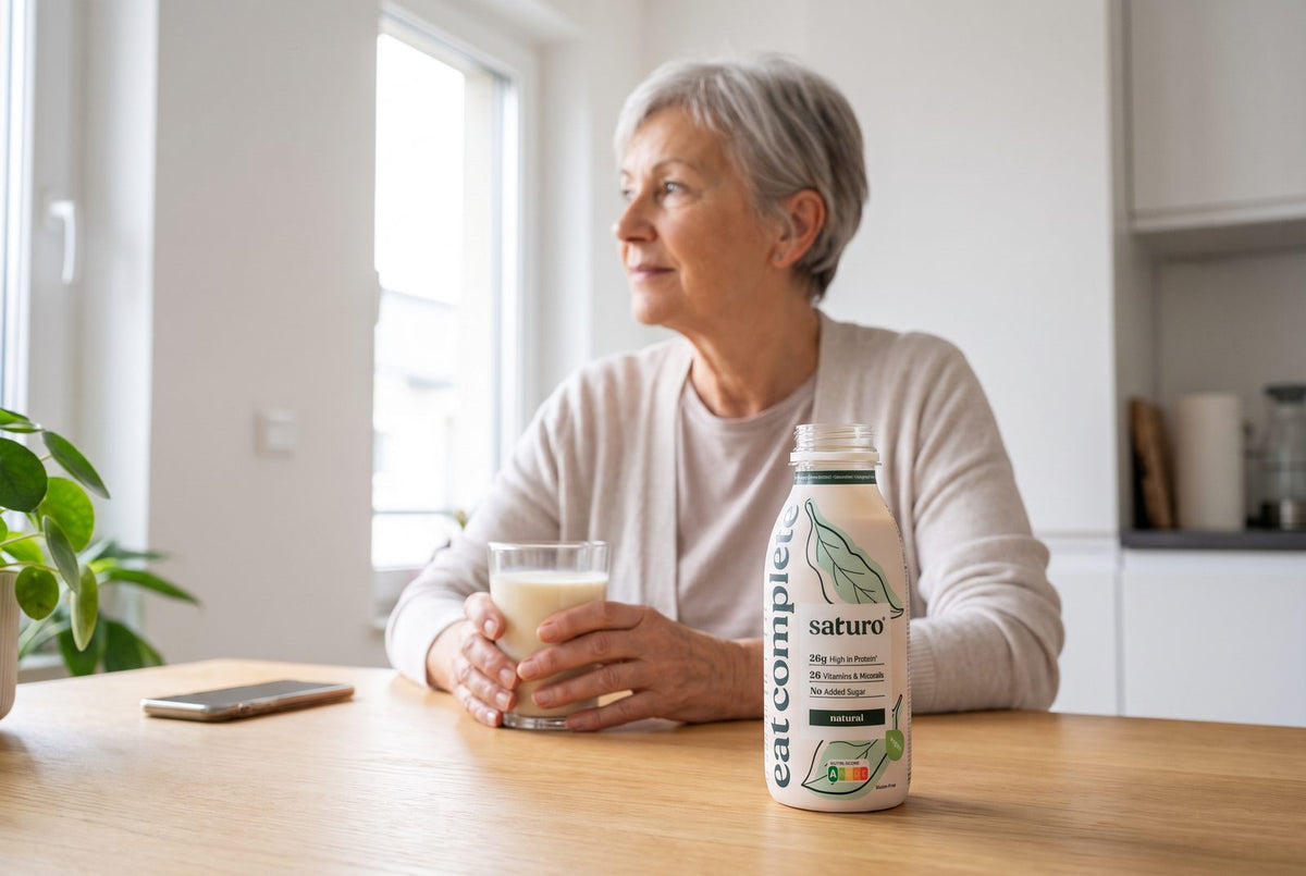 Ältere Frau am Küchentisch mit einem Glas, davor die Saturo Trinkmahlzeit Natural