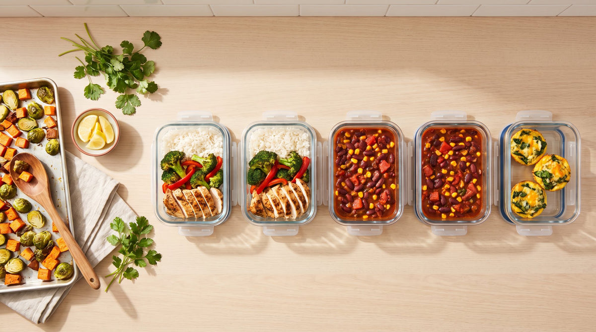 Fünf gefüllte Glasboxen mit Reis, Hähnchen, Ofengemüse, Chili und Eiermuffins auf einer Küchenarbeitsplatte, von oben