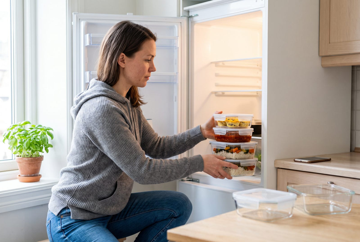 Person stellt gefüllte Glasboxen mit vorgekochtem Essen in das untere Fach eines Kühlschranks