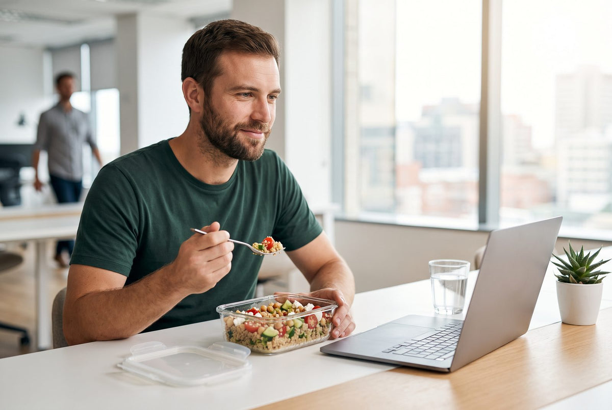 Person isst im Büro aus einer Glasbox mit Quinoa-Salat