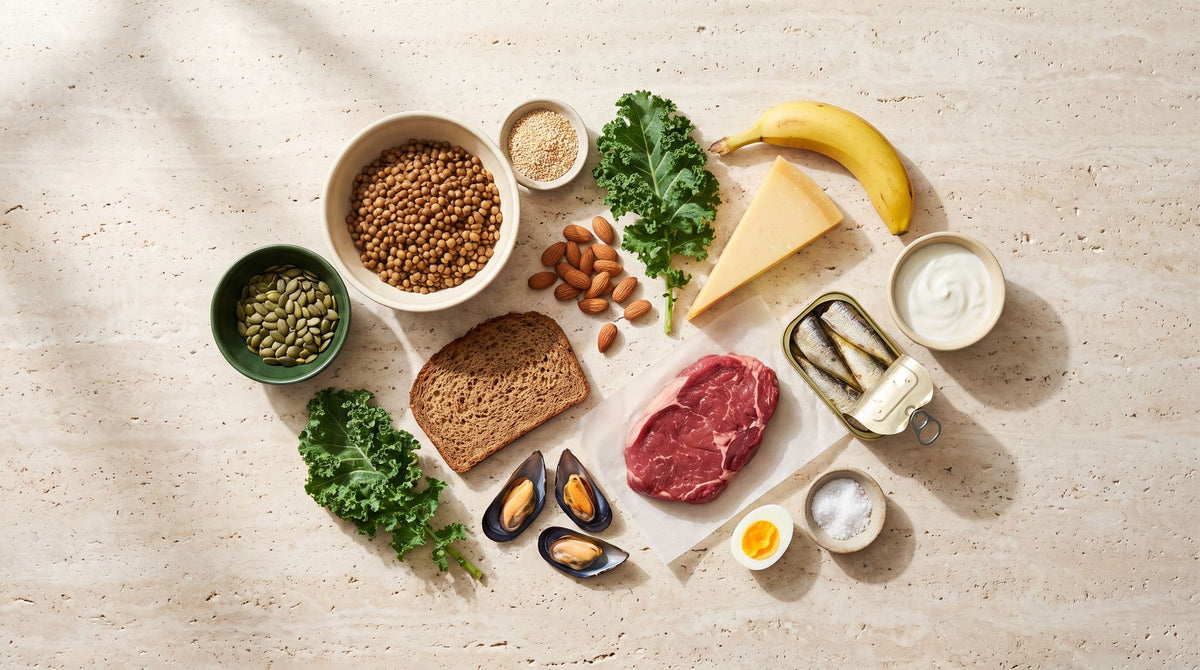 Mineralstoffreiche Lebensmittel auf Travertin: Linsen, Kürbiskerne, Sesam, Mandeln, Grünkohl, Vollkornbrot, Banane, Käse, Joghurt, Sardinen, Rindfleisch, Muscheln, Ei und Salz