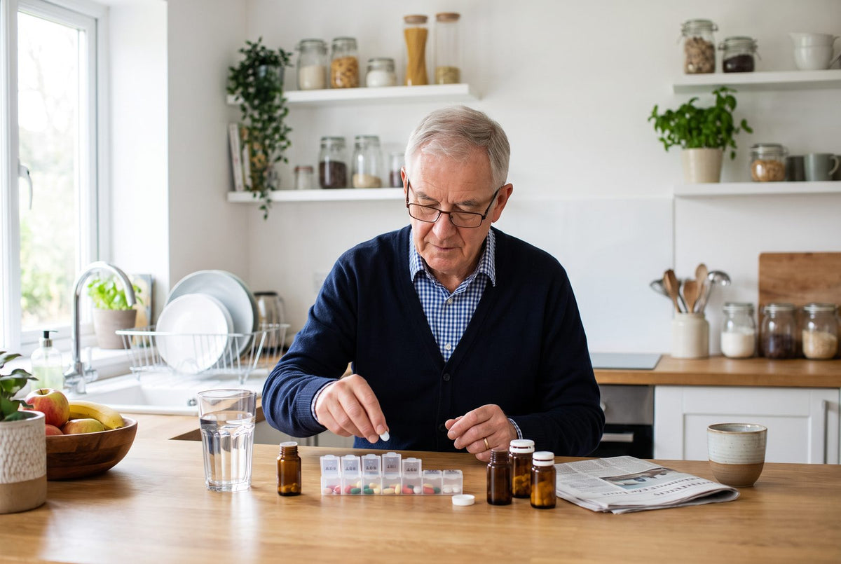 Älterer Mann sortiert Tabletten in eine Wochenbox: Entwässerungstabletten und Säureblocker sind die häufigsten Mineralstoff-Räuber im Alter