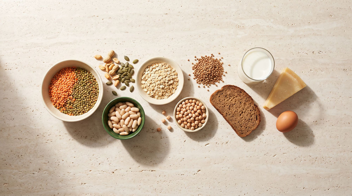 Molybdänquellen auf hellem Travertin: Linsen, weiße Bohnen, Kichererbsen, Haferflocken, Erdnüsse, Kürbiskerne, Buchweizen, Vollkornbrot, Buttermilch, Käse und Ei