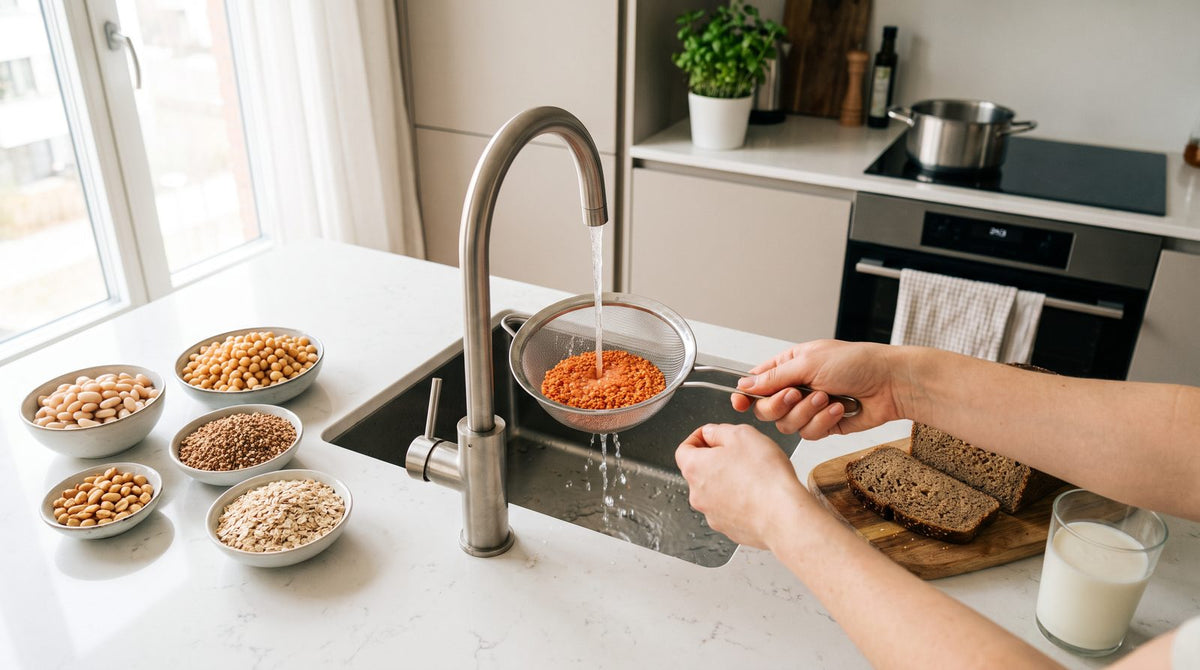 Linsen werden im Sieb gespült, daneben Bohnen, Kichererbsen, Buchweizen, Haferflocken, Erdnüsse, Vollkornbrot und Buttermilch: die wichtigsten Molybdänquellen im Alltag