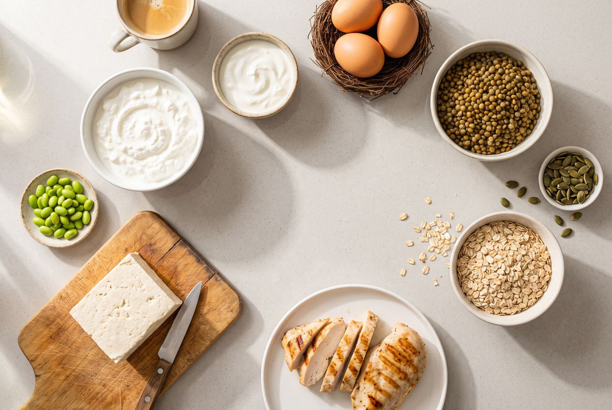 High-protein foods for building muscle on a kitchen worktop: quark, eggs, lentils, tofu, chicken breast, rolled oats