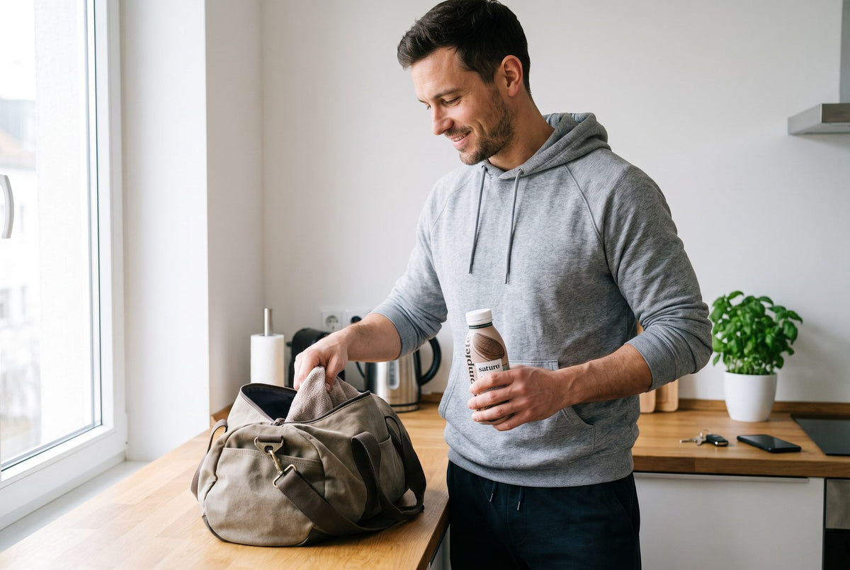 Man packing his gym bag and holding a Saturo drinkable meal in his hand
