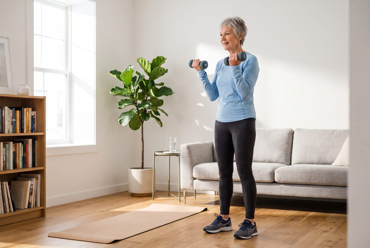 Older woman training with dumbbells at home: building muscle works at any age