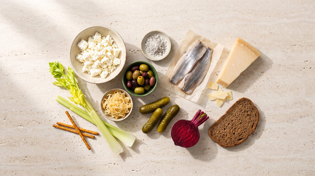 Natriumquellen im Überblick: Feta, Oliven, Matjes, Parmesan, Essiggurken, Salzbrezeln, Sauerkraut, Sellerie, Rote Bete und ein Schälchen Meersalz