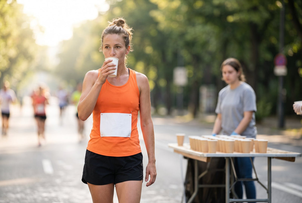 Läuferin trinkt an der Verpflegungsstation eines Stadtmarathons aus einem Becher: Beim Ausdauersport entsteht ein Natriummangel durch zu viel Trinken, nicht durch zu wenig Salz