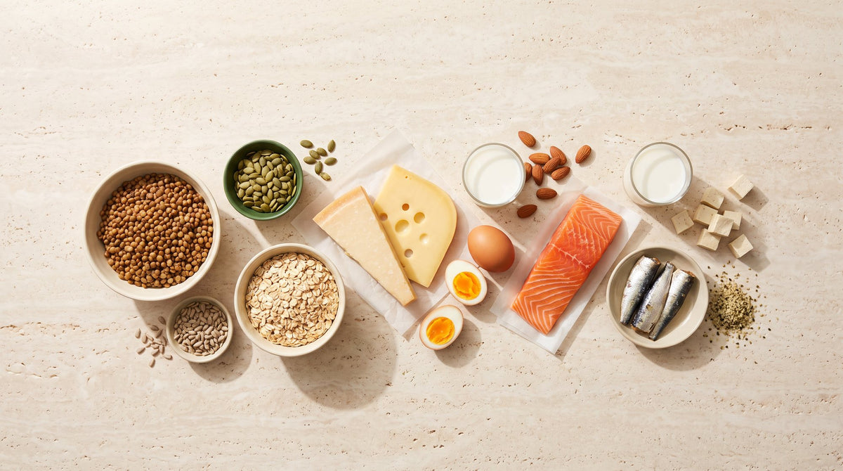 Phosphorreiche Lebensmittel auf Travertin: Linsen, Kürbiskerne, Sonnenblumenkerne, Haferflocken, Parmesan, Emmentaler, Eier, Lachs, Sardinen, Milch, Mandeln und Tofu