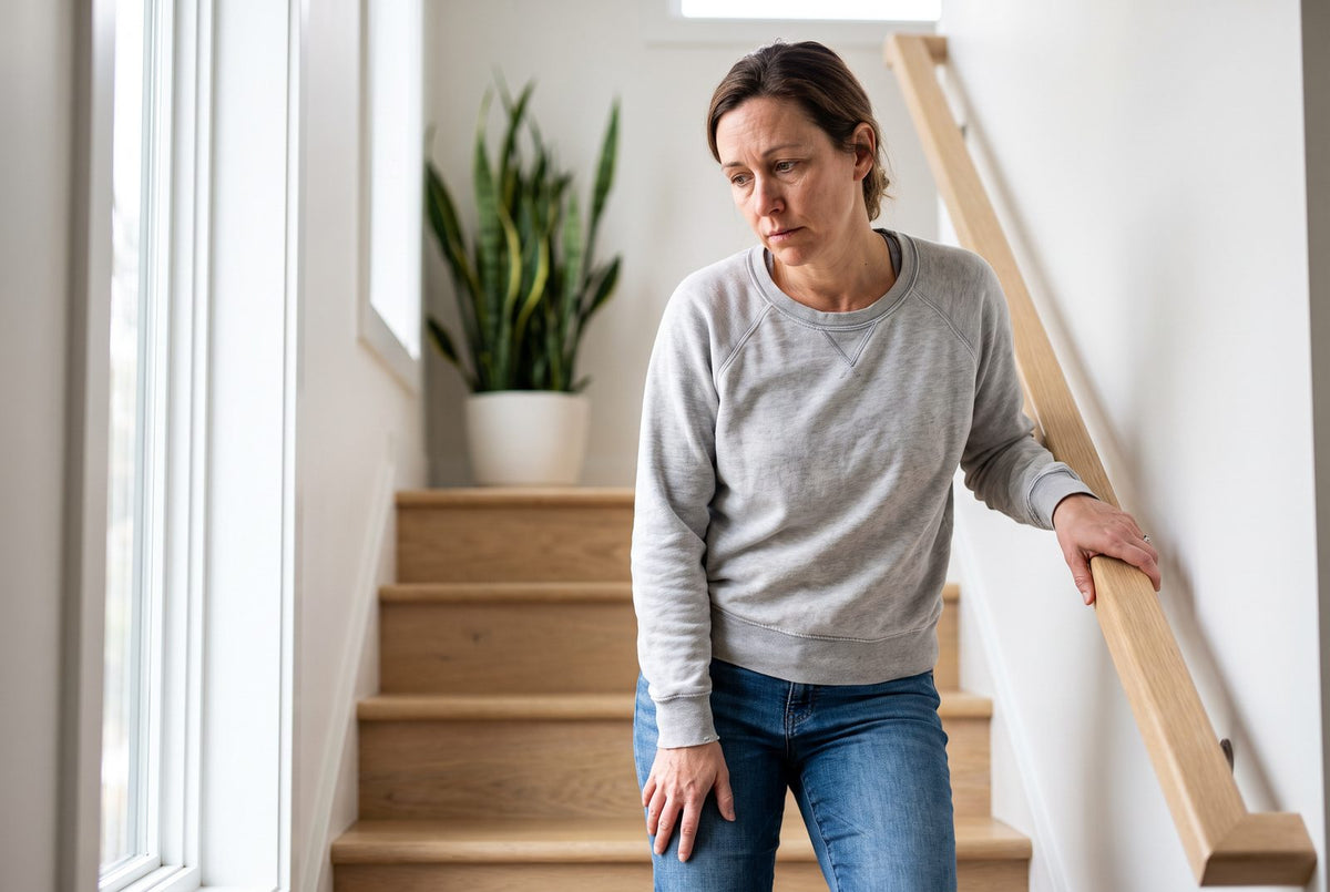 Eine Frau macht auf der Treppe Pause und stützt sich am Geländer ab: Muskelschwäche und schnelle Erschöpfung sind die häufigsten Zeichen eines Phosphatmangels