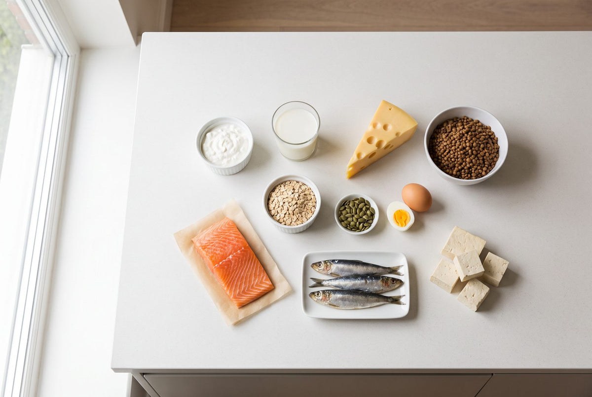 Phosphorreiche Lebensmittel auf einer Arbeitsplatte: Milch, Quark, Emmentaler, Linsen, Haferflocken, Kürbiskerne, Eier, Lachs, Sardinen und Tofu