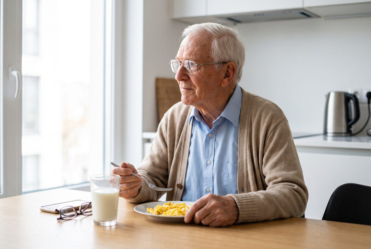 Älterer Mann mit einer kleinen Mahlzeit aus Rührei und einem Glas Milch am Küchentisch: Bei wenig Appetit zählt, dass jede Mahlzeit vollständig ist