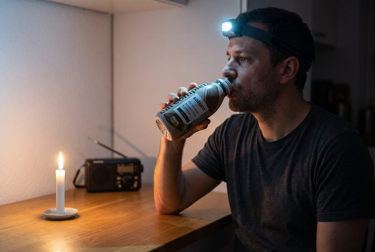 Mann trinkt bei Kerzenlicht eine Saturo Trinkmahlzeit während eines Stromausfalls