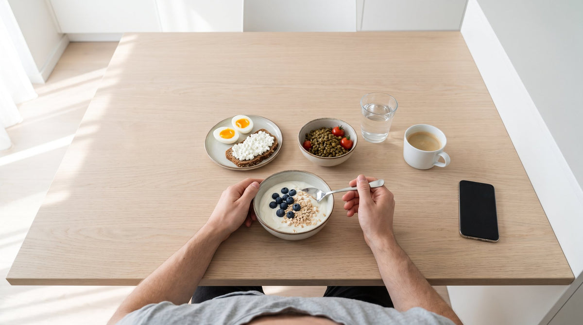 Frühstückstisch mit Skyr, Eiern, Vollkornbrot und Linsen: Protein in jeder Mahlzeit