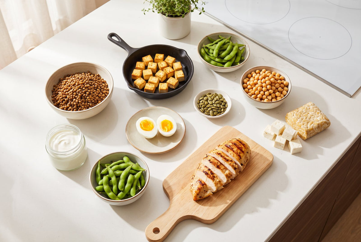 Proteinreiche Lebensmittel auf einer Küchenarbeitsplatte: Linsen, Tofu, Skyr, Eier, Edamame, Kürbiskerne und Hähnchenbrust