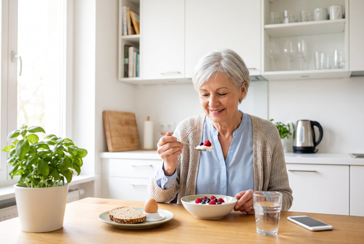 Ältere Frau frühstückt Quark mit Beeren: ab 65 zählt Protein in jeder Mahlzeit