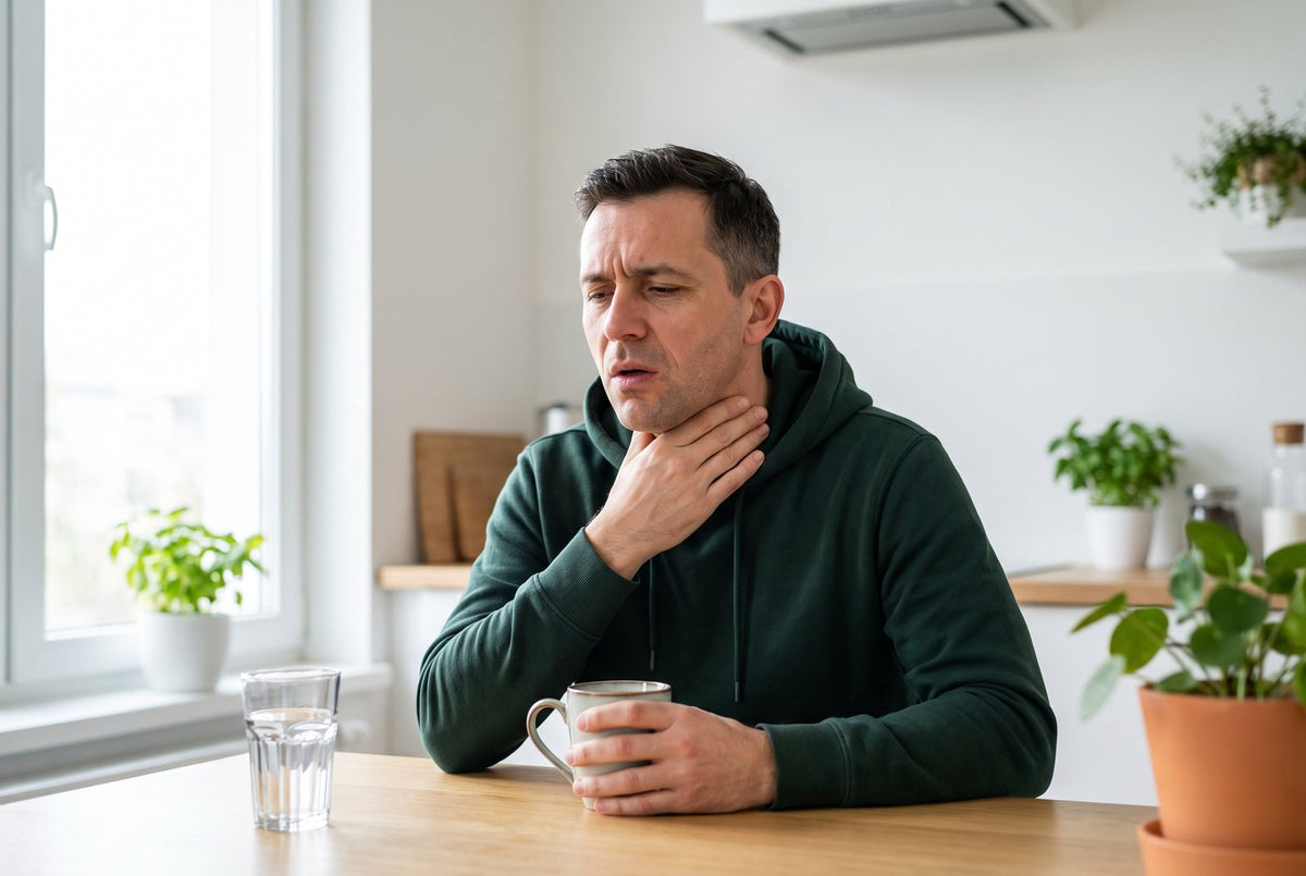 Mann sitzt morgens am Küchentisch, hält sich beim Schlucken seitlich an den Hals