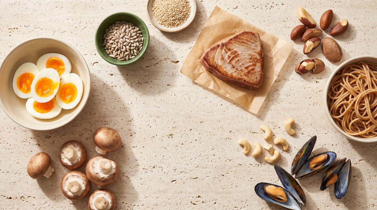 Selenquellen im Überblick: Paranüsse, Thunfisch, Eier, Champignons, Sesam, Sonnenblumenkerne, Cashews und Vollkornnudeln