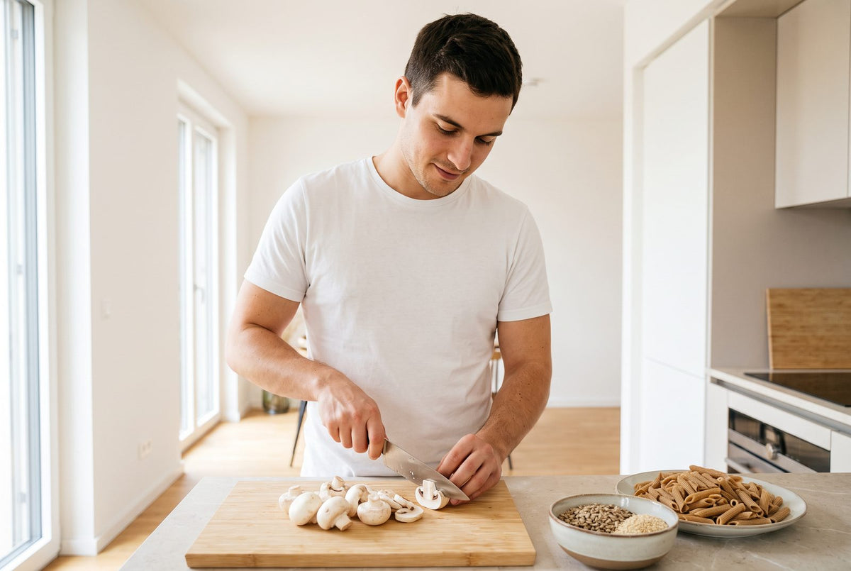 Junger Mann bereitet Champignons, Nudeln und Kerne zu: pflanzliche Selenquellen für vegane Ernährung