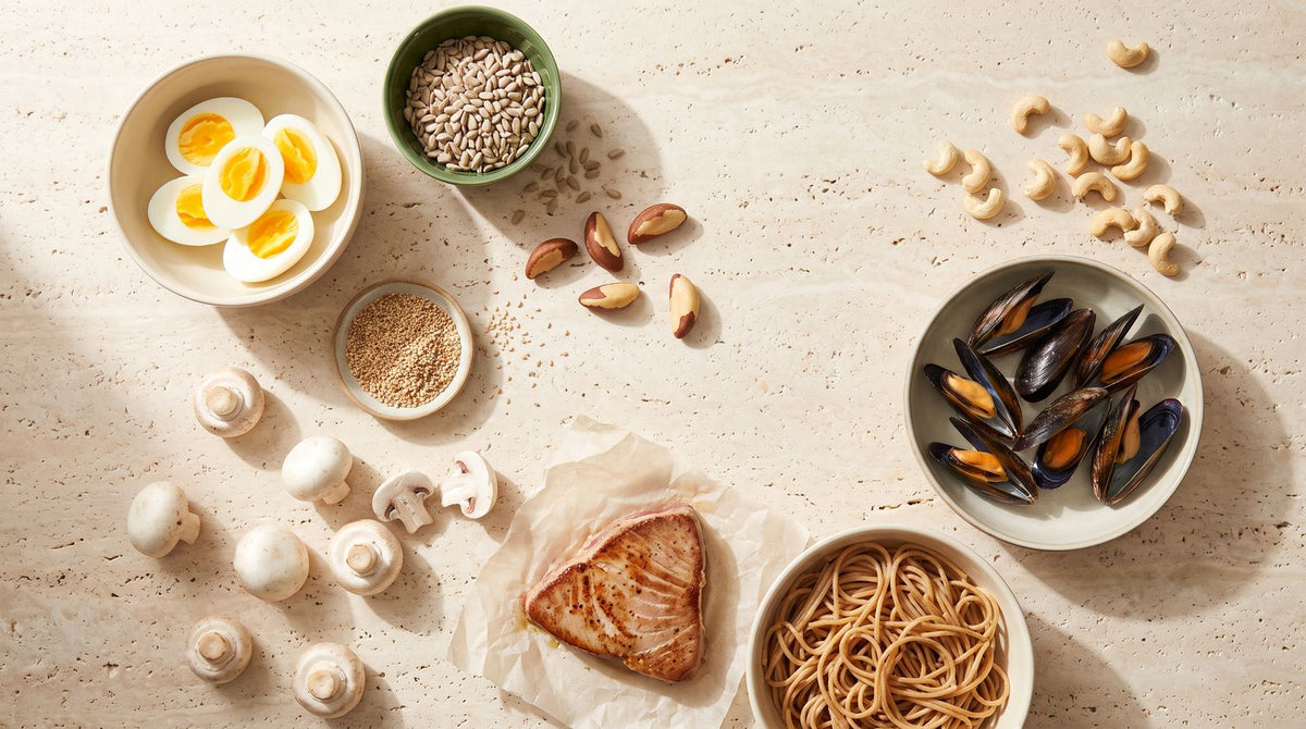 Selenreiche Lebensmittel auf hellem Stein: Eier, Thunfisch, Miesmuscheln, Champignons, Paranüsse, Sesam, Sonnenblumenkerne, Cashews und Vollkornnudeln