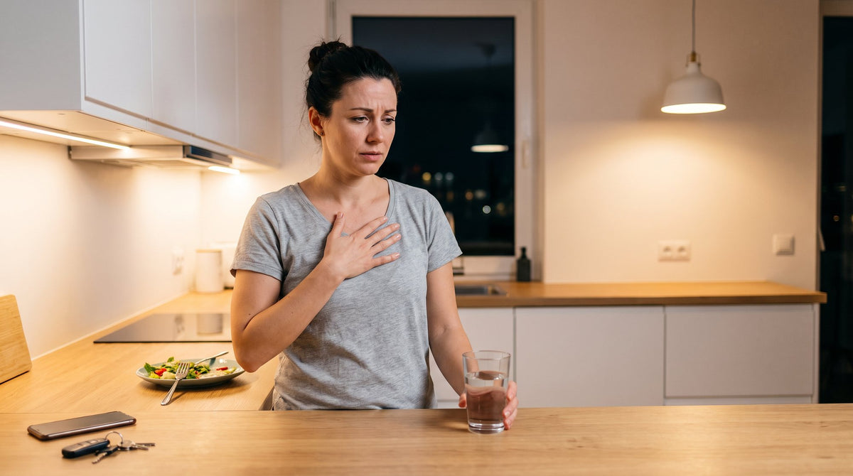 Frau steht abends in der Küche, drückt die Hand aufs Brustbein und hält ein Glas stilles Wasser