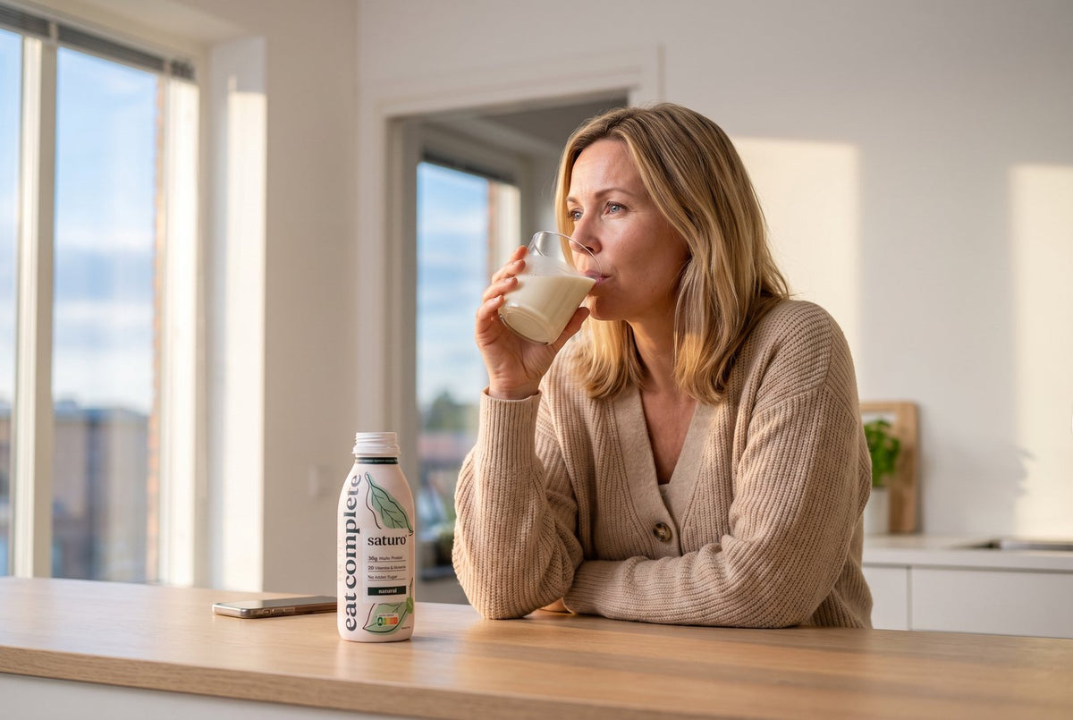Frau trinkt abends am Küchentresen einen kleinen Schluck Saturo Trinkmahlzeit Natural aus dem Glas
