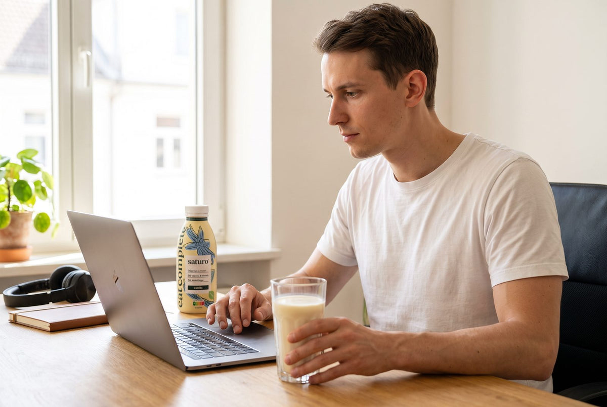 Junger Mann arbeitet am Laptop, daneben ein Glas Trinknahrung zwischen den Mahlzeiten