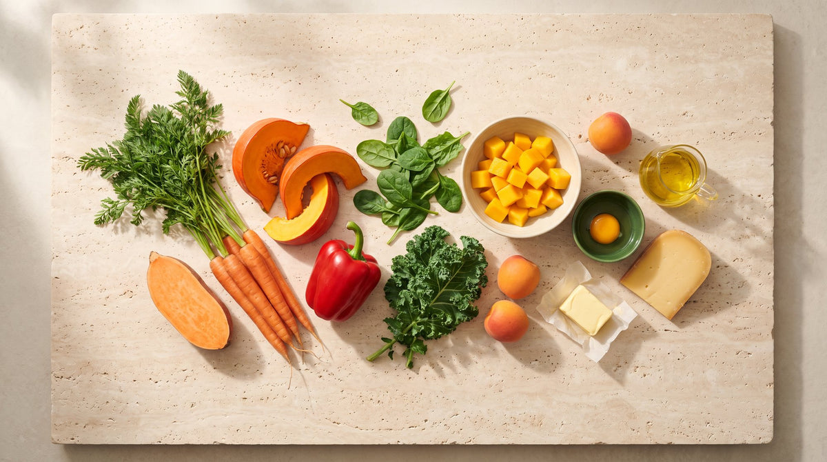 Vitamin-A-Quellen auf hellem Stein: Karotten, Süßkartoffel, Kürbis, Paprika, Spinat, Grünkohl, Aprikosen, Mango, Eigelb, Butter und Gouda